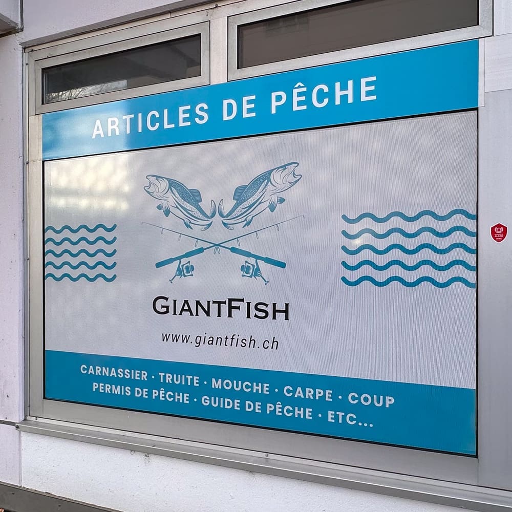 GiantFish,magasin de pêche,autocollants,vitrine,Lausanne,pêche,autocollant microperforé